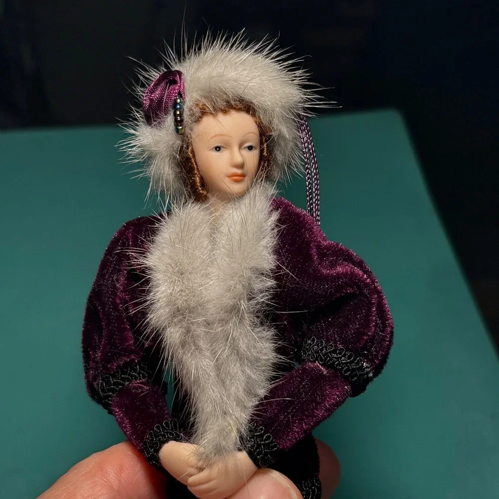 Drape Tassel Doll Ornament Purple Velvet Porcelain Victorian Faux Fur 11.5